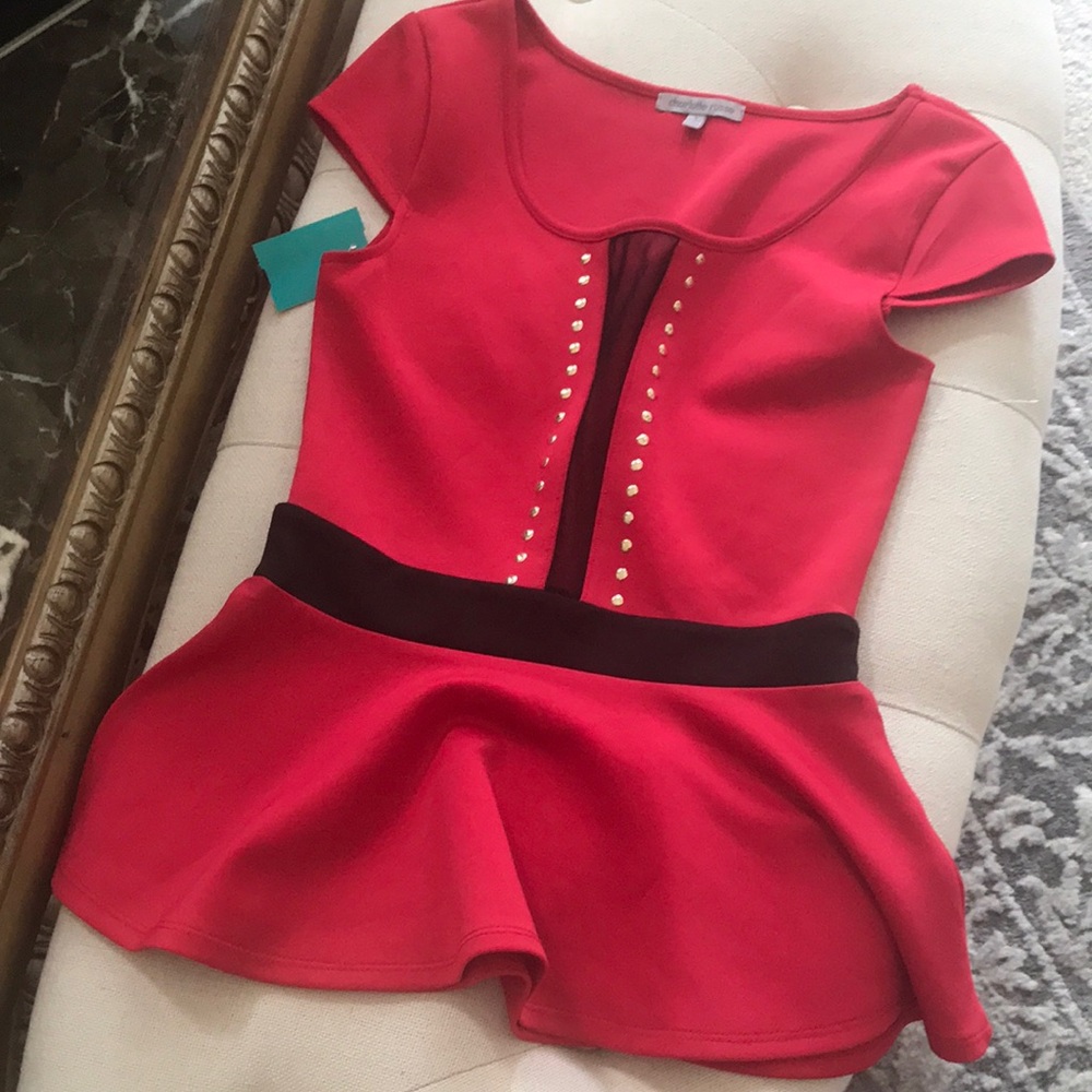 Red Peplum Top  with Gold Stud Detail
